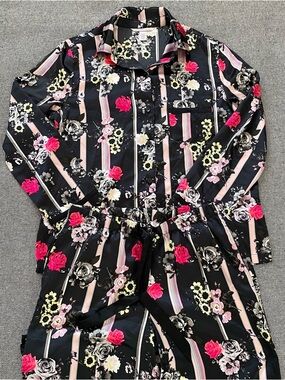Victoria's Secret Black Floral Stripe Sleep Set with Pink and Yellow Accents